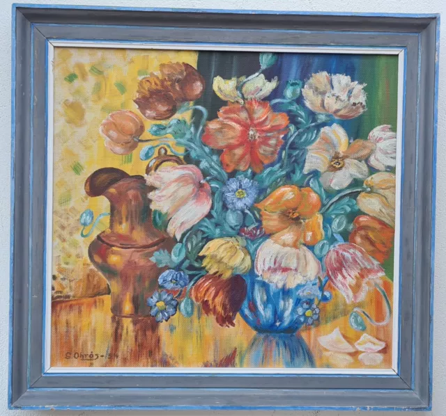 Wunderschönes Ölgemälde mit Rahmen Malerei Oil Painting Stillleben Blumen 1954