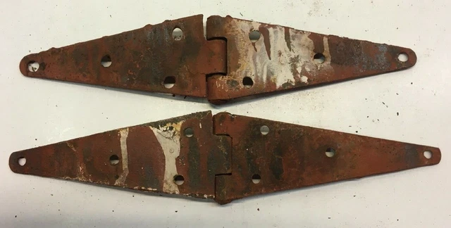 2 Vintage 13'' Farm Barn Door Gate Hand Forged Strap Hinges Great Red Patina 4