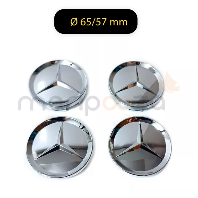 4x Cache Moyeux Centre Roue Ø 65/57mm Logo Mercedes Benz Full Silver Gloss Chrom