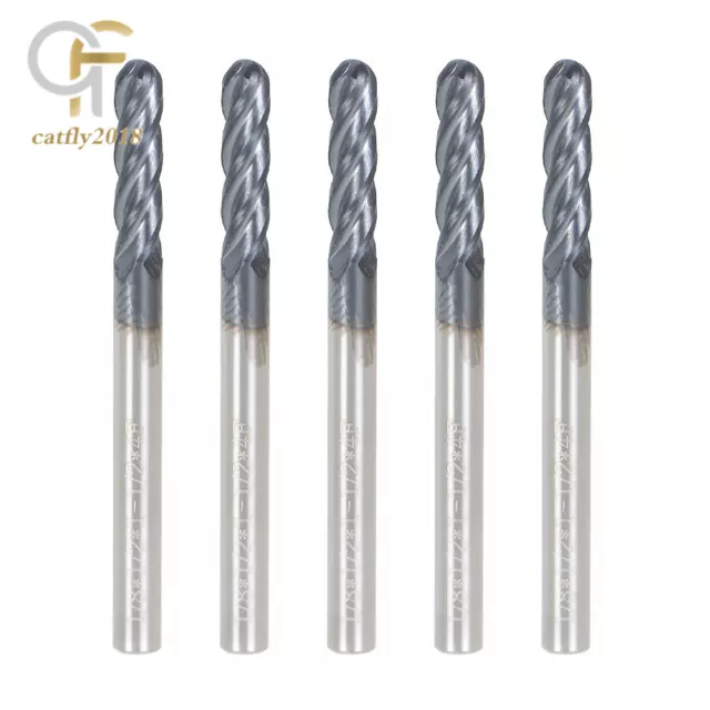 5 PCS 1/8" 4 Flute 1-1/2" Overall Length Ball Nose Carbide End Mill