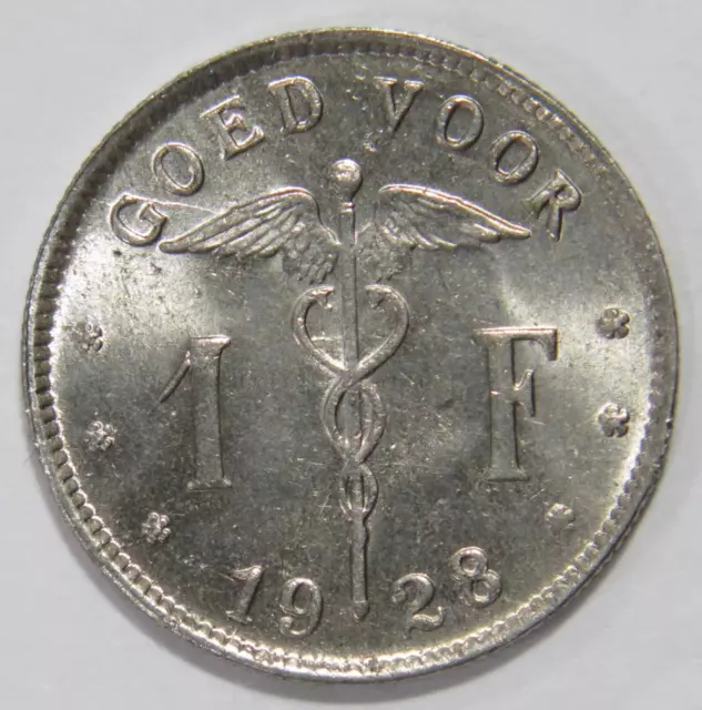 Belgium 1928 1 Franc Dutch Text Goed Voor Caduceus Belgie World Coin Unc 🌈⭐🌈
