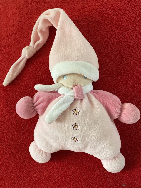 VINTAGE Doudou grelot lutin rose blanc bonnet écharpe fleurs brodées NOUNOURS