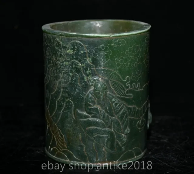 4.4” Old Chinese Green Jade Carving Dynasty Palace Old Man Tongzi Pen Container