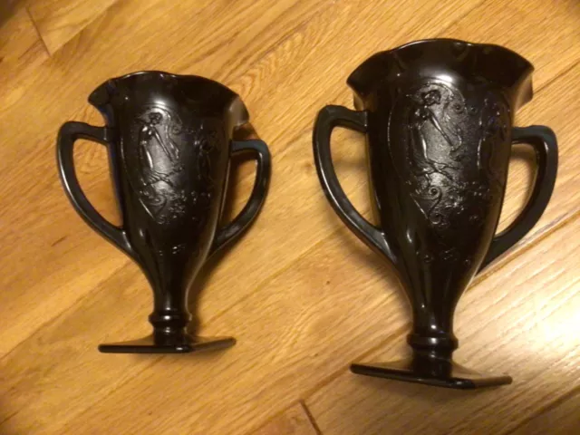 Vintage 1930’s LE Smith Black Amethyst Set of 2 Trophy Vase Dancing Nymphs CR105 3