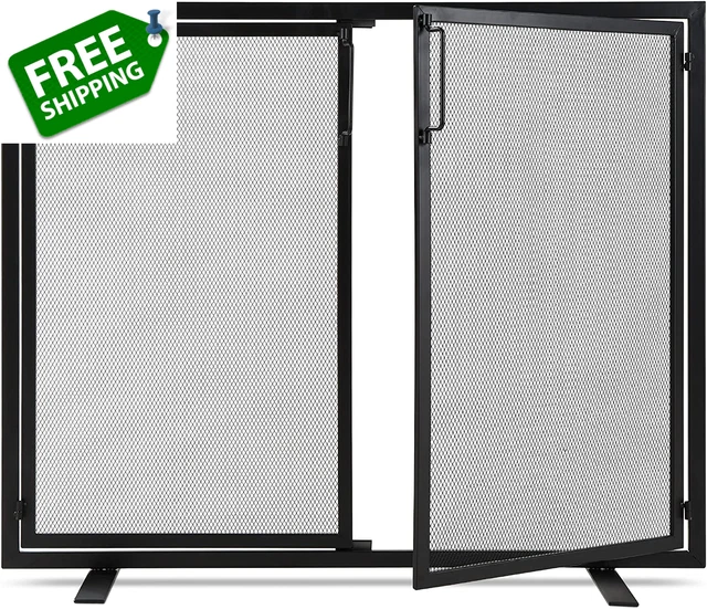 38.5X31In 2-Door Fireplace Screen, Handcrafted Wrought Iron Decorative Mesh Geom