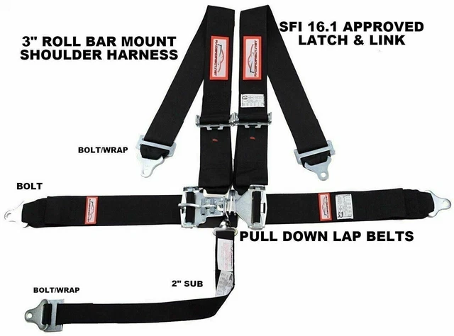 Drag Racing 3" Sfi 16.1 Latch & Link 5 Point Harness Belt Rdn Black