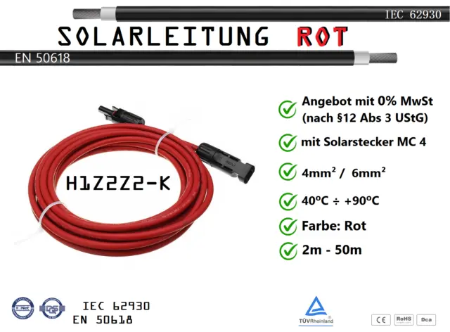 Cavo Solare Tubo 4mm ² 6mm ² H1Z2Z2-K 2-50m PV MC4 Connettore Rosso