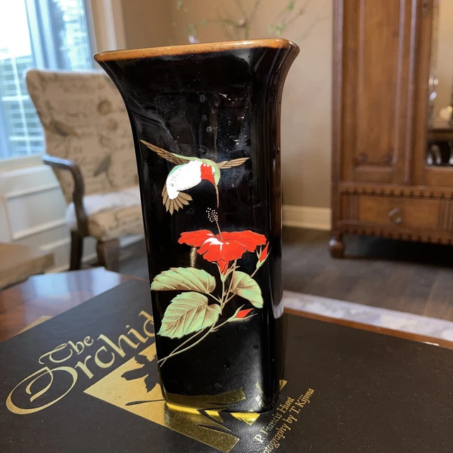 Otagiri Japan Hummingbird Hibiscus Gibson Cards Bud Vase Black  8.5”
