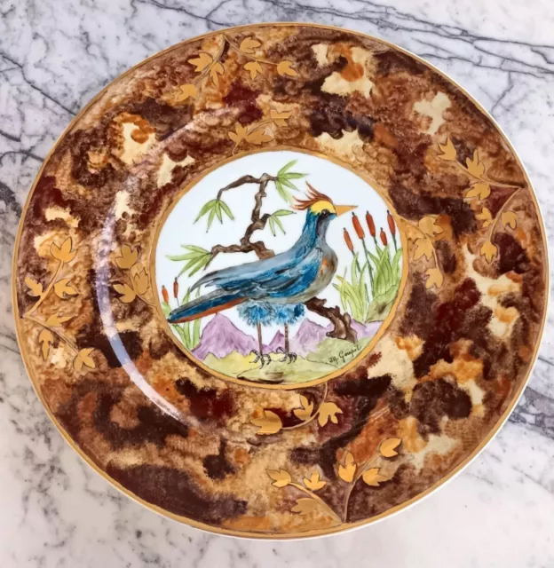 JACQUES GOUPIL PEINTRE / PLAT EN PORCELAINE DE LIMOGES DÉCOR D'OISEAU 31 Cm