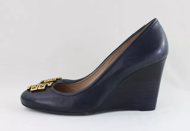 TORY BURCH WOMEN'S Navy Blue Leather Gold Tone Logo Wedge Heel Size 9 ...