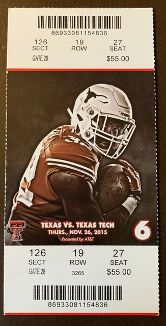 Texas Longhorns 11/26/2015 NCAA football ticket stub vs Texas Tech