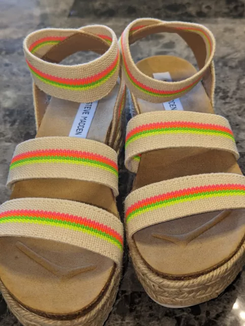 Steve Madden Sandals Bandi Platform Neon In Bright Multi Cork Wedge Size 7M