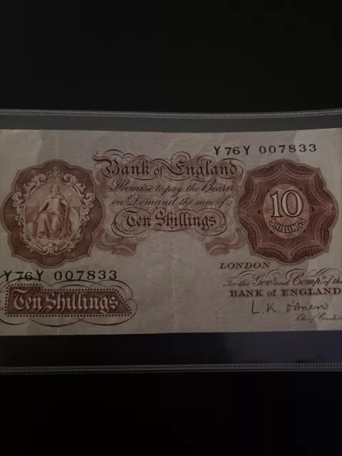 Old 10 shilling note/ Bank Of England/ 1950’s / GENUINE/ Y76Y 007833