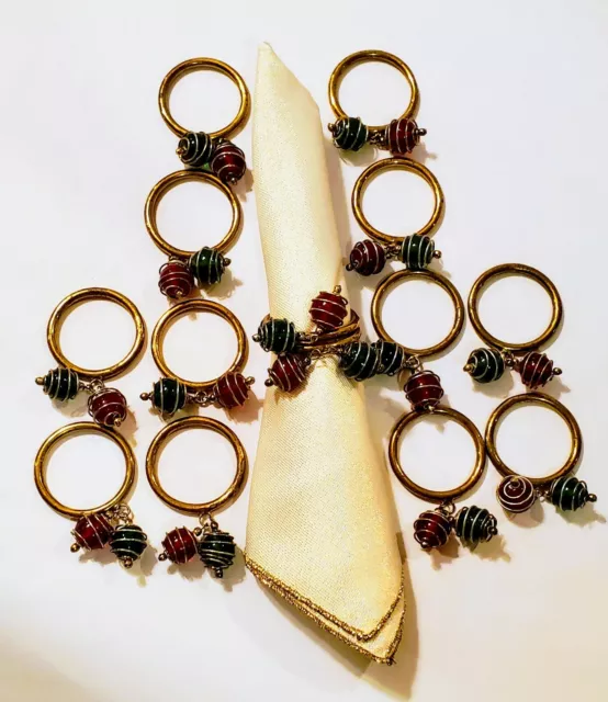 14 Vtg Brass Green Red Marbles Spiral Wire Wrapped Holiday Napkin Holders Rings