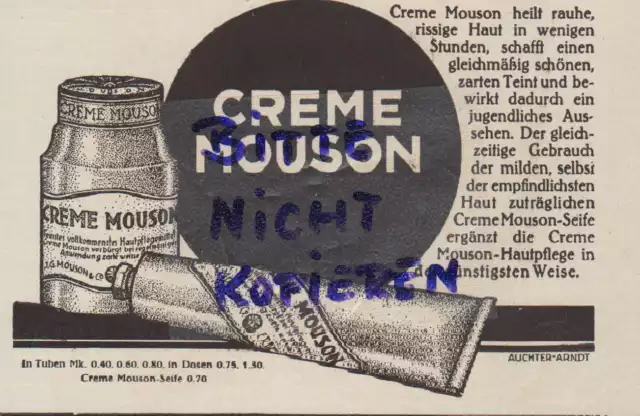 FRANKFURT/MAIN, Werbung 1926, J. G. Mouson & Co. Creme Mouson Hand-Körper-Creme