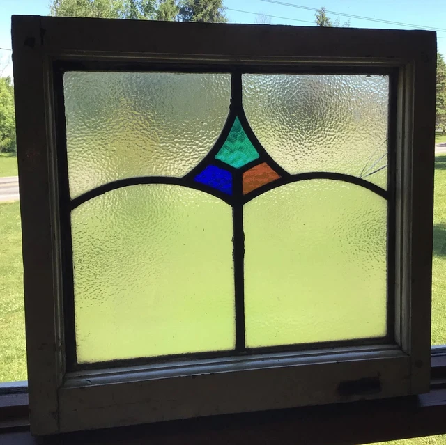 Antique Leaded Stained Glass Window Geometric Triangle ALL ORIGINAL-SMALL CRACK