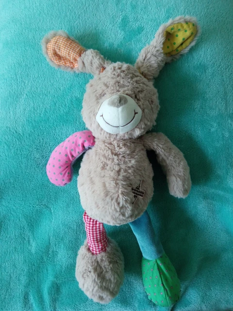 ❣️M) Nicotoy Doudou Peluche Lapin Beige Croix Vert Vichy Pois Oreilles Nouees ❣️