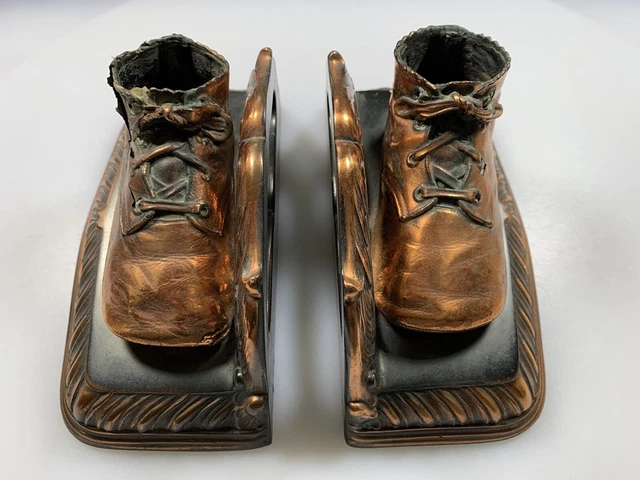 VINTAGE BRONZED PAIR of BABY BOOTIES SHOES BOOKENDS 1947 Mid-Century Wash, DC