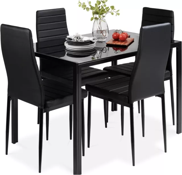 5 Piece Modern Black Glass Dining Table Set Kitchen Table & Chairs for 4