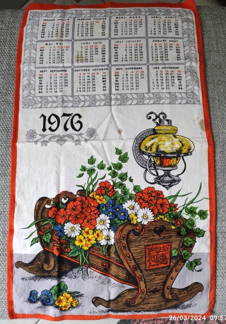NEUF Vintage 1977 Ancien TORCHON CALENDRIER BOUQUET DE FLEURS DECOR
