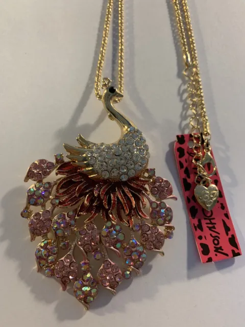 Betsey Johnson Crystal Rhinestone Enamel Pink & CLEAR Peacock Necklace-BJ84513