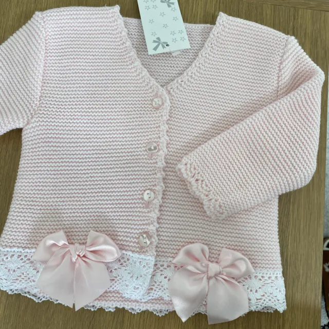 Baby Girls 6 Months Knitted Cardigan With Bows And Lace Detail BABY PINK BNWT