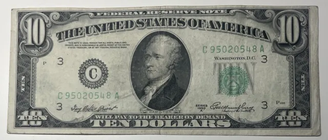 1950 A $10 Ten Dollar Bill Federal Reserve Note  Philadelphia Vintage  Currency