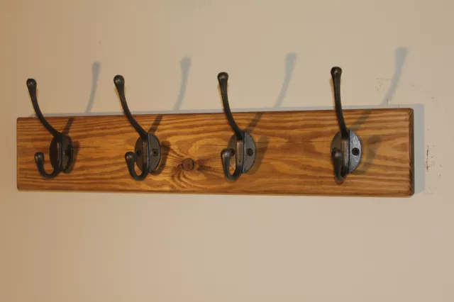 Handmade Vintage Wooden Coat Rack Cast Iron Hooks Waxed Reclaimed Wood Effect