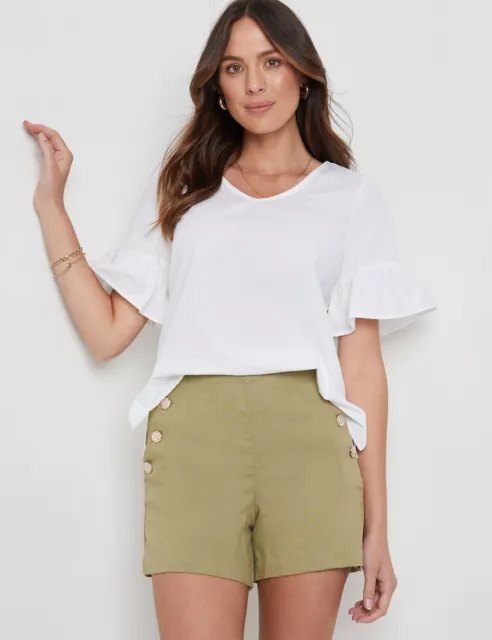 KATIES - Womens Tops - White - Linen Top - Button Trim Blouse - Women's Shirt