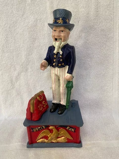 VINTAGE UNCLE SAM CAST IRON COIN MECHANICAL BANK-in original box.