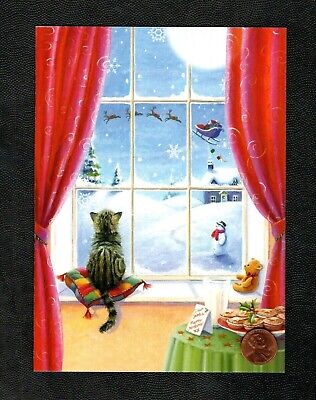 Christmas Sweet Cat Window Santa Claus Teddy Bear - Greeting Card  W/ TRACKING