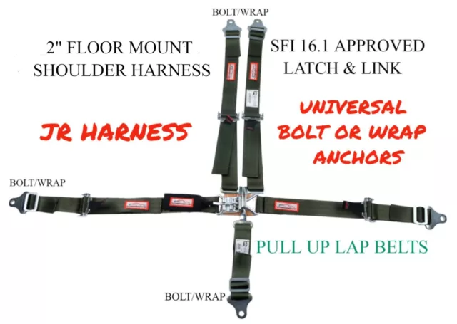 Quarter Midget 5 Point 2" Racing Harness Latch Link Floor Mount Military Green