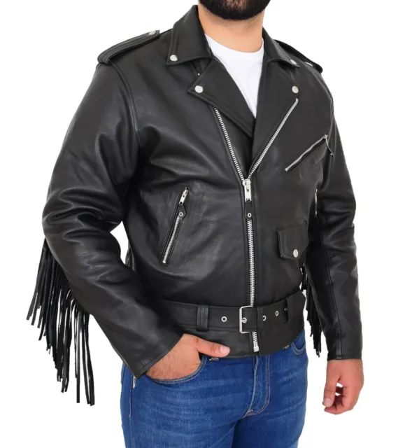 Mens Black Cowhide Biker Jacket With Leather Fringes Belt Tasselled Brando Coat
