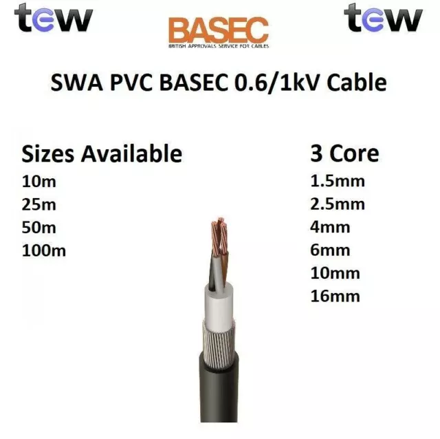 3 Core SWA PVC BASEC Armoured Cable Sizes 1.5mm, 2.5mm, 4mm, 6mm, 10mm, 16mm