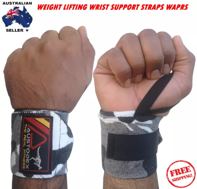 Austodex Weight Lifting Gym Wrist Support Straps Wraps Bodybuilding Camo Gloves