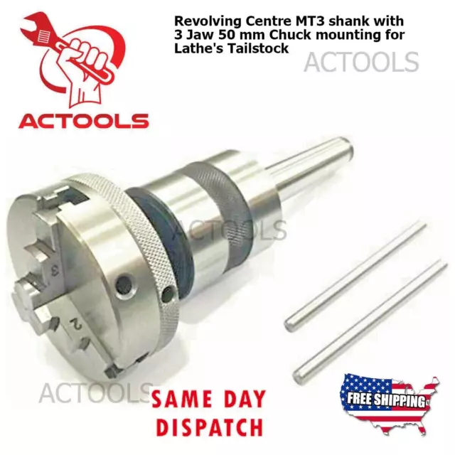 Revolving Centre MT3 shank with 3 Jaw 50mm Chuck mounting for Lathe's Tailstock