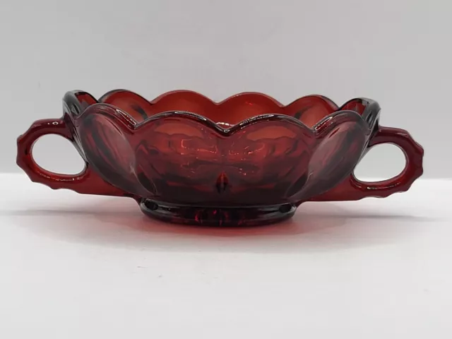 Anchor Hocking Red Glass Candy Dish Scalloped Edges And Handles