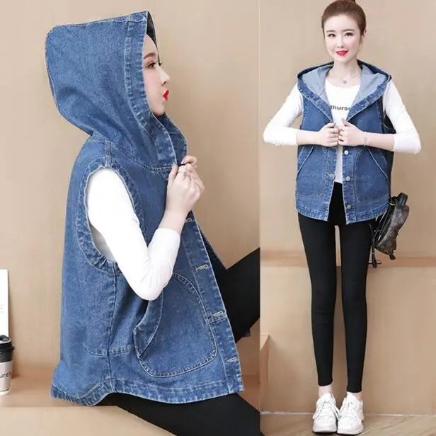 Women's Casual Denim Vest Lady Cowboy Waistcoat Sleeveless Jeans Hooded Jacket