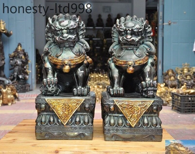 China fengshui pure Bronze gilt Guardian Door Evil Fu Foo Dog Lion statue Pair
