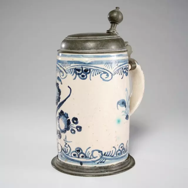 German Pewter Mounted Tin Glazed Faience Beer Stein Antique 18th Century 9"