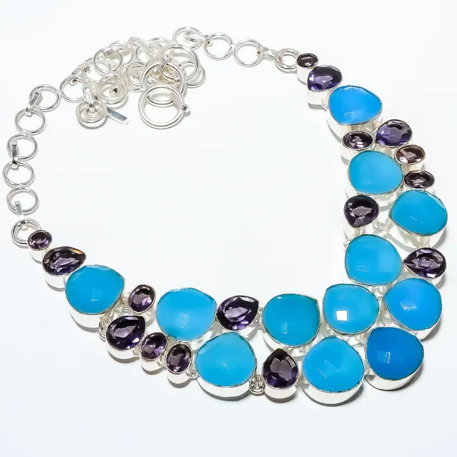 Faceted Chalcedony - Brazil, Iolite 925 Silver Plated Necklace 17.99" TN4-600