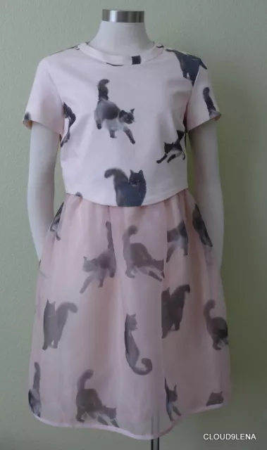 NWT PAUL & JOE SISTER Mixed Media CATS print Dress Size 40 in Pale Pink