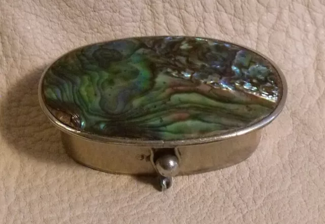 Mexican silver tone alpaca hinged trinket box with latch & abalone inlay top
