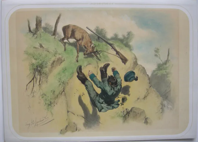 Jagd-Abenteuer kolor Orig Lithografie Tony Strassgschwandtner 1860