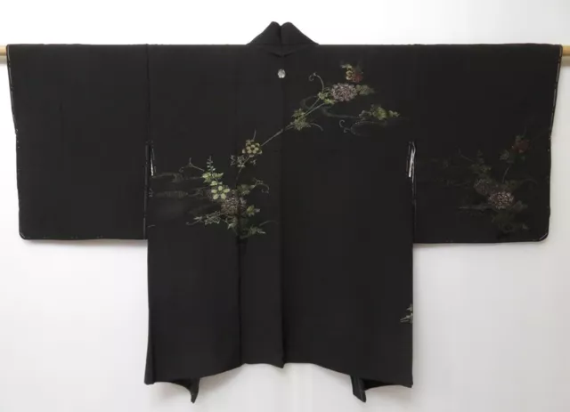 0514T01z610 Vintage Japanese Kimono Silk HAORI Black Flowers