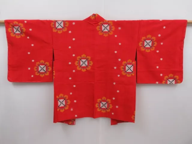 3015T06z340 Vintage Japanese Kimono Silk MEISEN HAORI Flower Tomato red