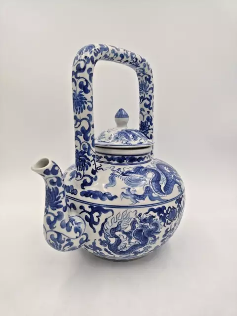 Large Vintage Chinese Blue White Dragons Porcelain Decorative Teapot