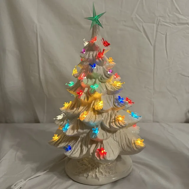 Vintage MCM 16" White Nowells? Mold Ceramic Christmas Tree With Birds Working 2