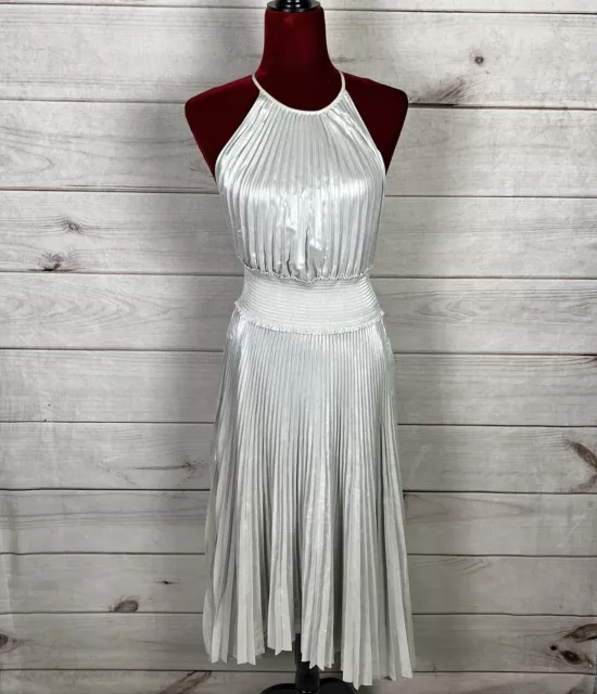 A.L.C Weston Pleated Midi Cocktail Dress Sz 4 Silver Metallic Sleeveless