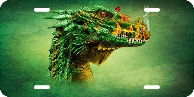 Green Dragon Head Fantasy Mascot Reptile Aluminum Car License Plate Tag (LP675)